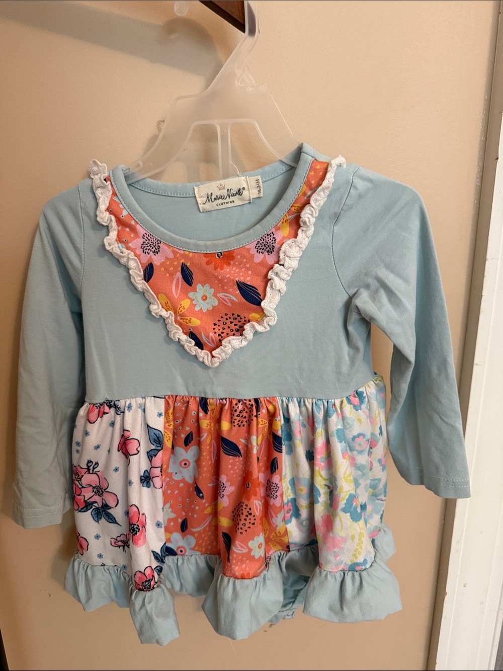Blue Floral Patchwork Ruffle-Hem Kids Dress by Marie Nicole